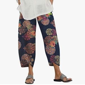 Women's Cotton Linen Heram Pants, High Rise Floral Print, Comfy